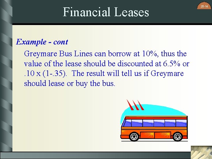 Financial Leases Example - cont Greymare Bus Lines can borrow at 10%, thus the