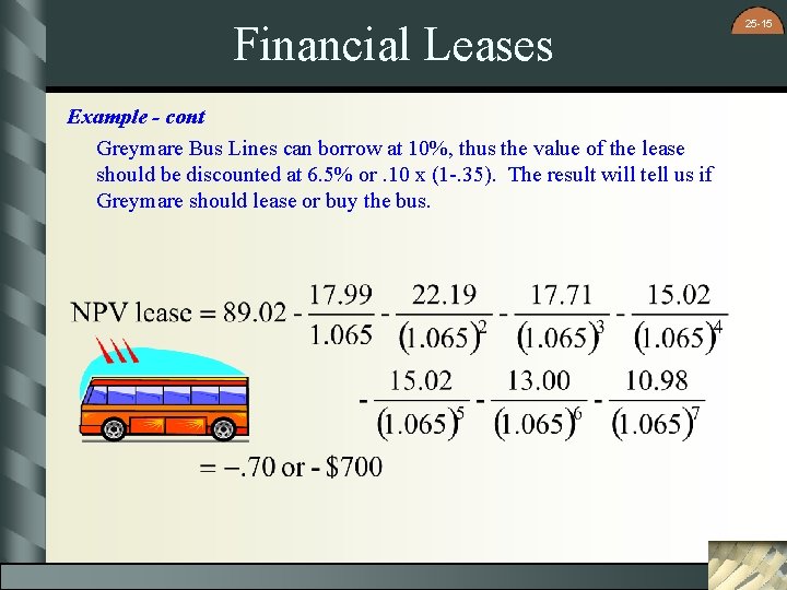 Financial Leases Example - cont Greymare Bus Lines can borrow at 10%, thus the