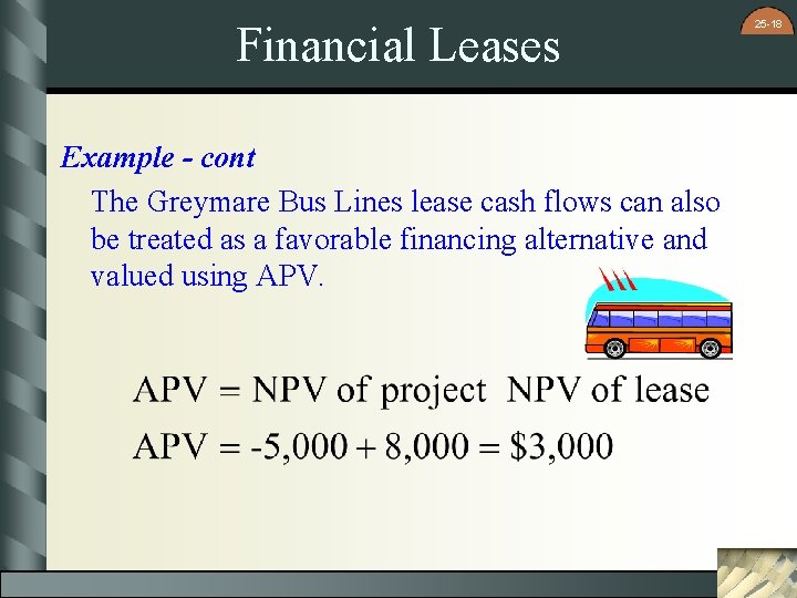 Financial Leases Example - cont The Greymare Bus Lines lease cash flows can also