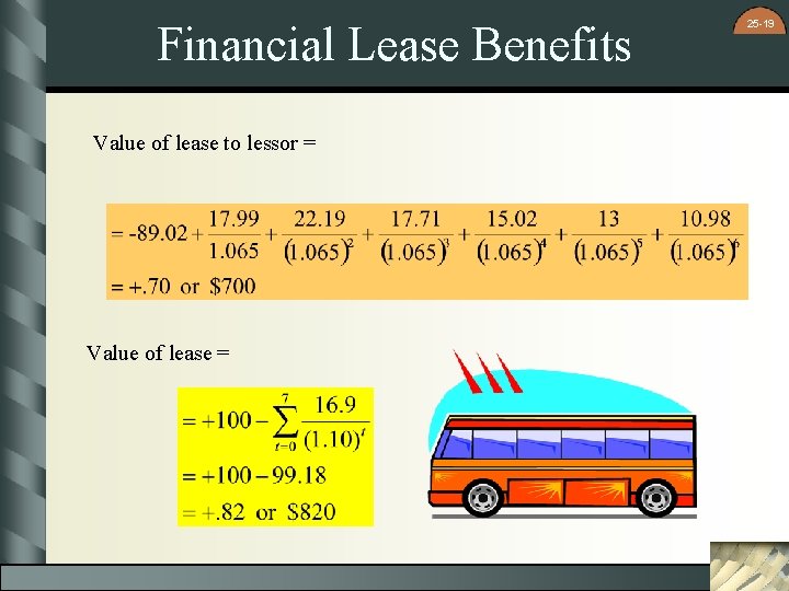 Financial Lease Benefits Value of lease to lessor = Value of lease = 25