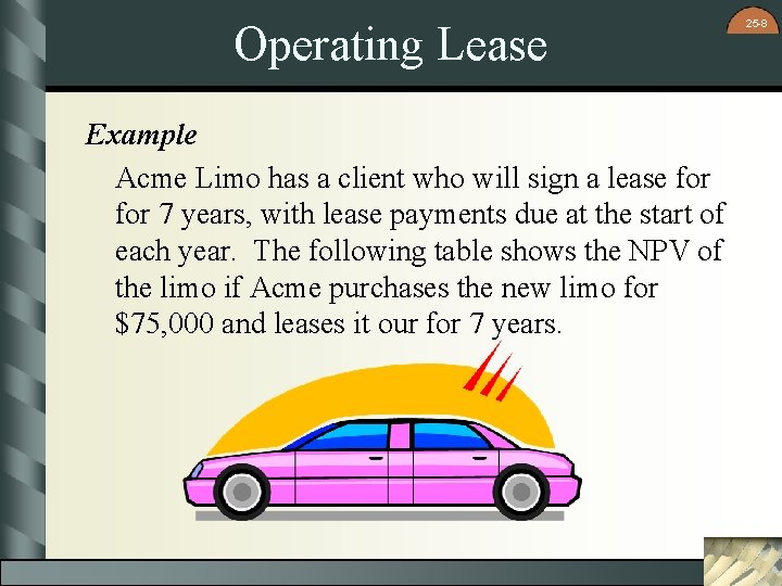 Operating Lease Example Acme Limo has a client who will sign a lease for