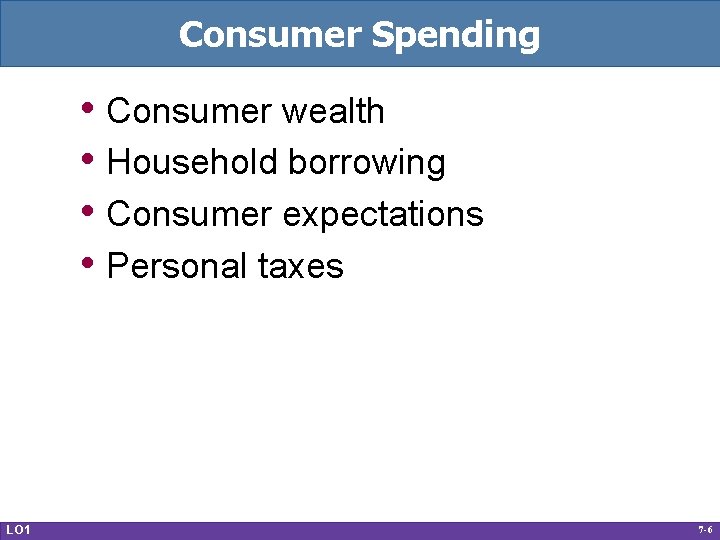 Consumer Spending • Consumer wealth • Household borrowing • Consumer expectations • Personal taxes