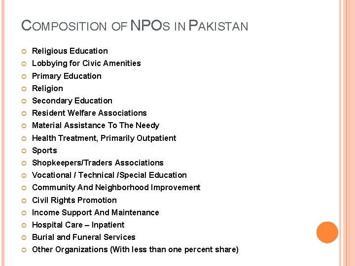 COMPOSITION OF NPOS IN PAKISTAN Religious Education Lobbying for Civic Amenities Primary Education Religion