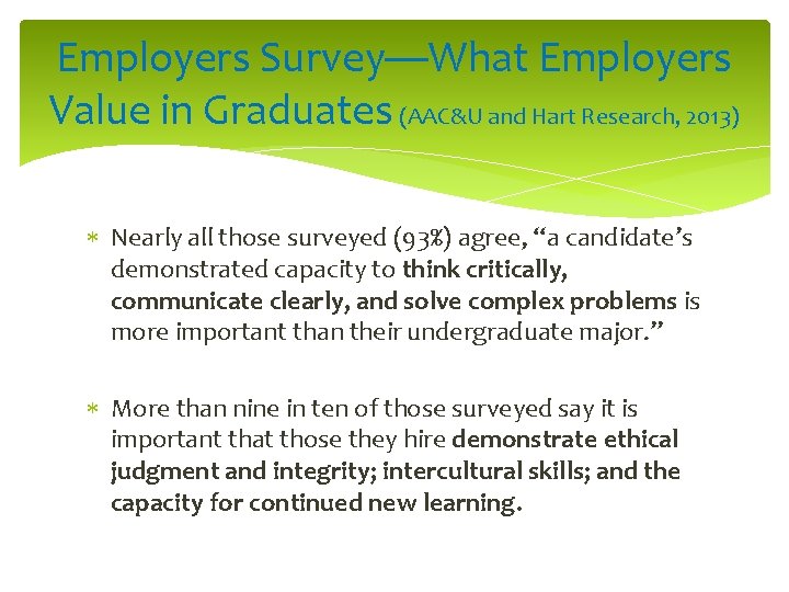 Employers Survey—What Employers Value in Graduates (AAC&U and Hart Research, 2013) Nearly all those