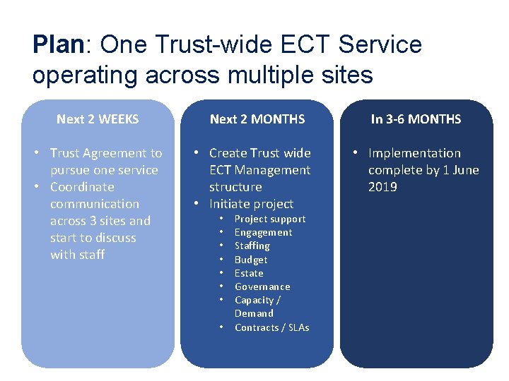 Plan: One Trust-wide ECT Service operating across multiple sites Next 2 WEEKS • Trust