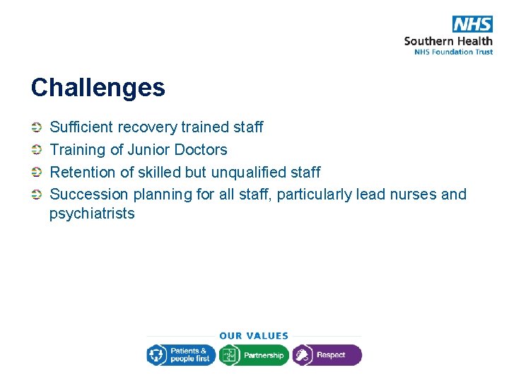 Challenges Sufficient recovery trained staff Training of Junior Doctors Retention of skilled but unqualified