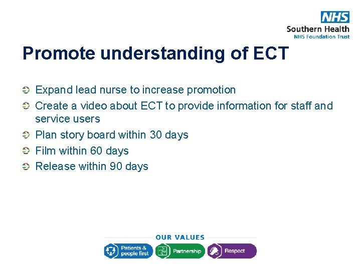 Promote understanding of ECT Expand lead nurse to increase promotion Create a video about