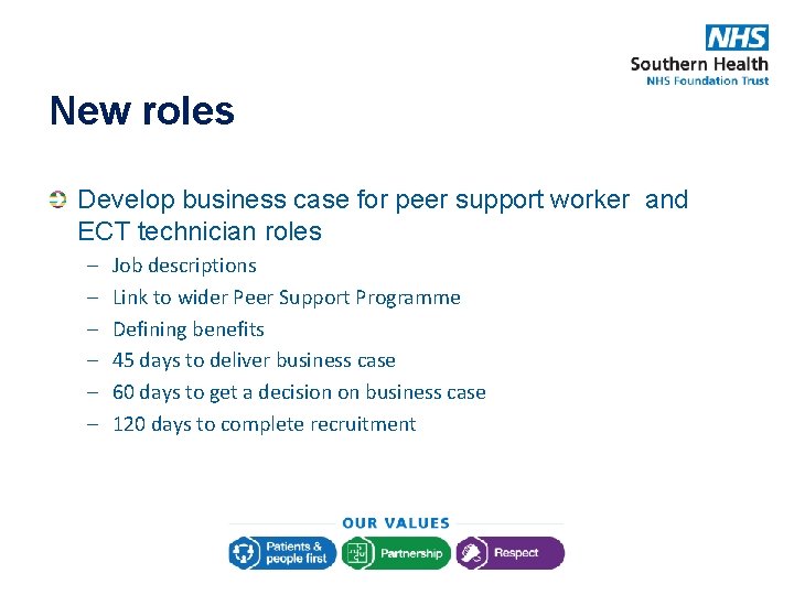 New roles Develop business case for peer support worker and ECT technician roles –