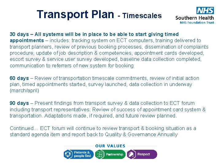 Transport Plan - Timescales 30 days – All systems will be in place to