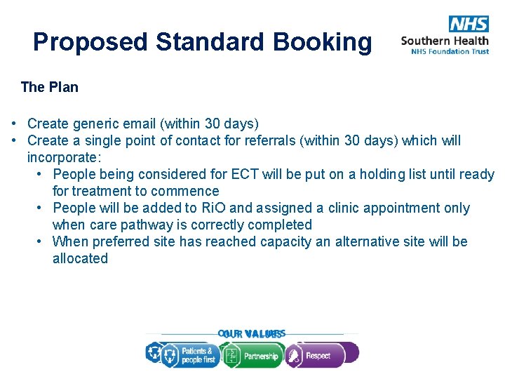 Proposed Standard Booking The Plan • Create generic email (within 30 days) • Create