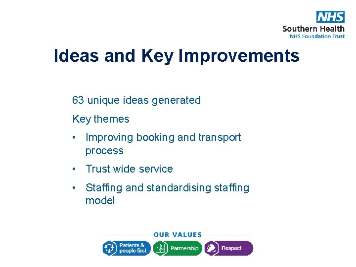 Ideas and Key Improvements 63 unique ideas generated Key themes • Improving booking and