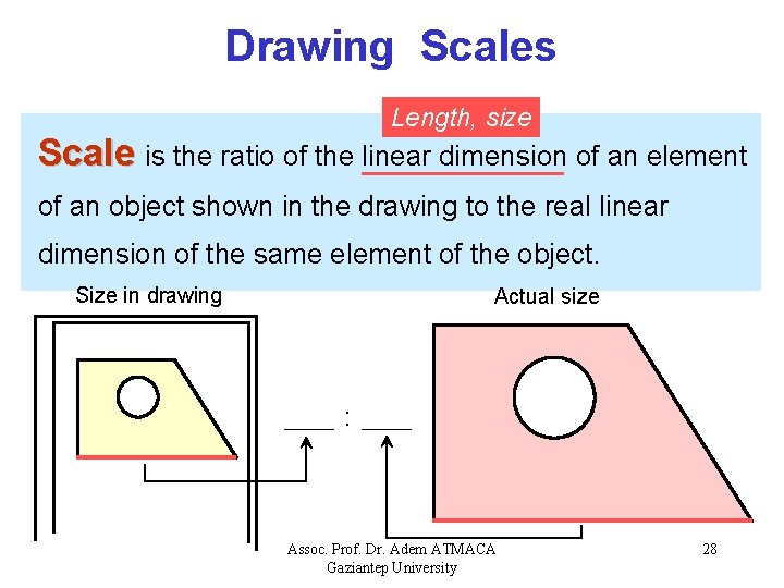 Drawing Scales Length, size Scale is the ratio of the linear dimension of an