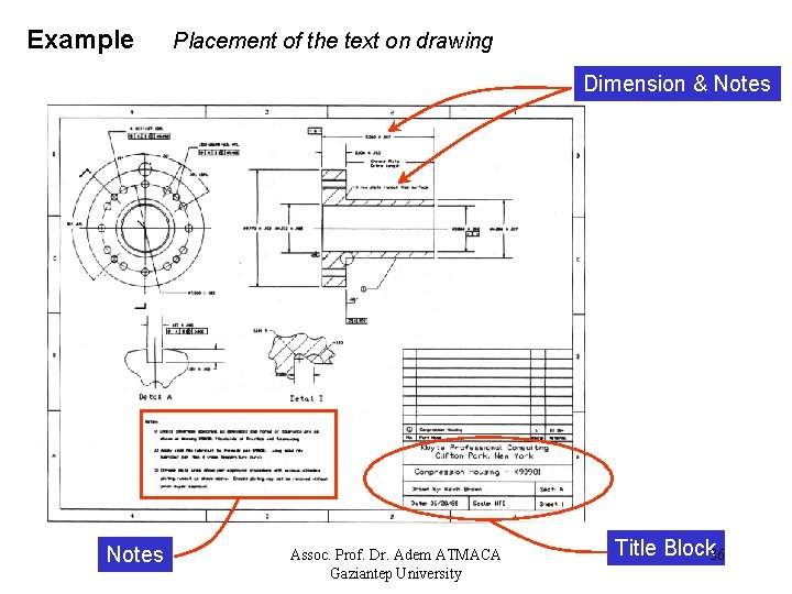 Example Placement of the text on drawing Dimension & Notes Assoc. Prof. Dr. Adem