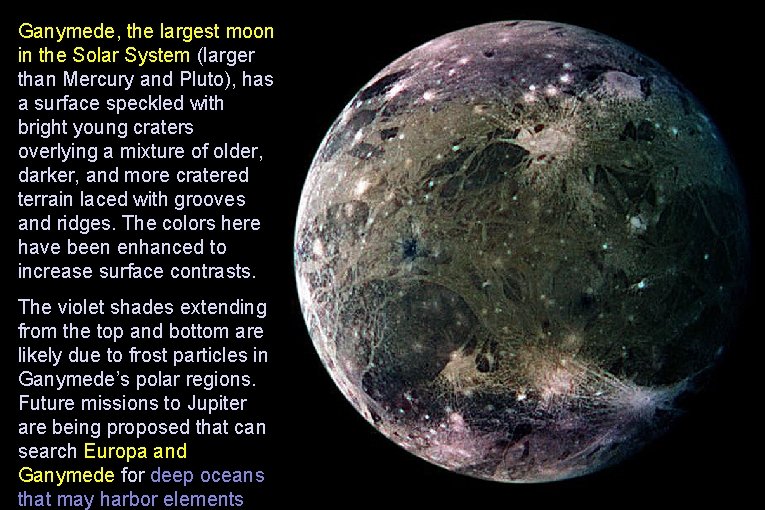 Ganymede, the largest moon in the Solar System (larger than Mercury and Pluto), has