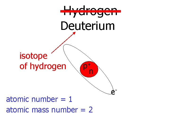 Hydrogen Deuterium isotope of hydrogen p+ n atomic number = 1 atomic mass number