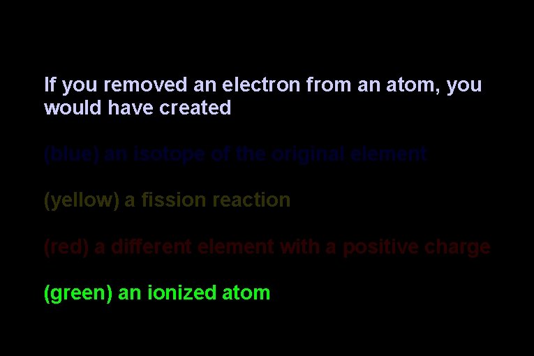 If you removed an electron from an atom, you would have created (blue) an