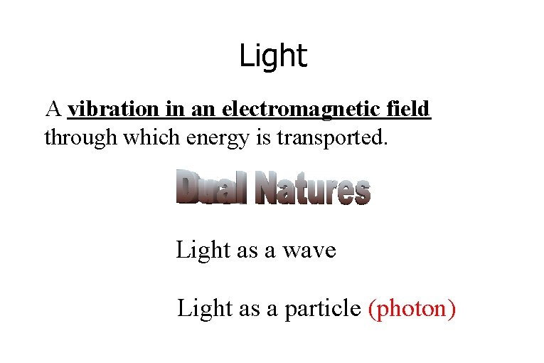 Light A vibration in an electromagnetic field through which energy is transported. Light as