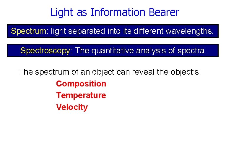 Light as Information Bearer Spectrum: light separated into its different wavelengths. Spectroscopy: The quantitative