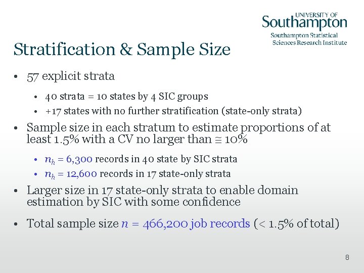 Stratification & Sample Size • 57 explicit strata • 40 strata = 10 states