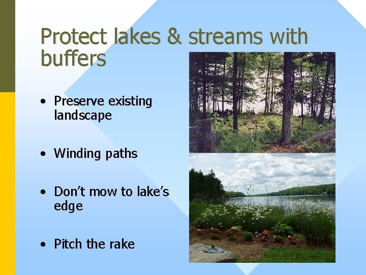 Protect lakes & streams with buffers • Preserve existing landscape • Winding paths •