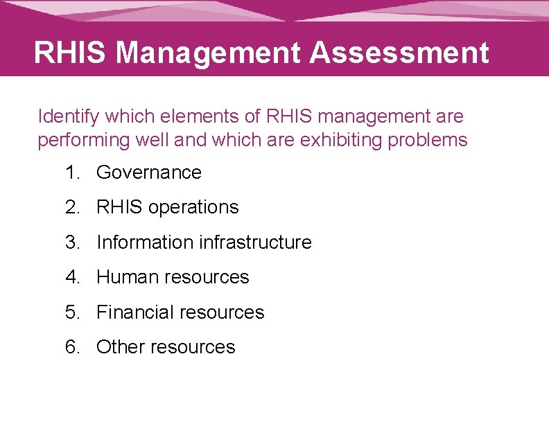RHIS Management Assessment Identify which elements of RHIS management are performing well and which