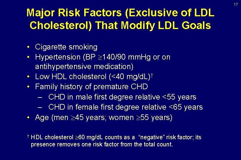 17 Major Risk Factors (Exclusive of LDL Cholesterol) That Modify LDL Goals • Cigarette