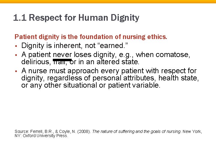 1. 1 Respect for Human Dignity Patient dignity is the foundation of nursing ethics.