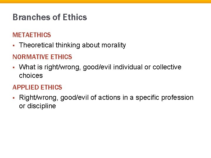 Branches of Ethics METAETHICS § Theoretical thinking about morality NORMATIVE ETHICS § What is