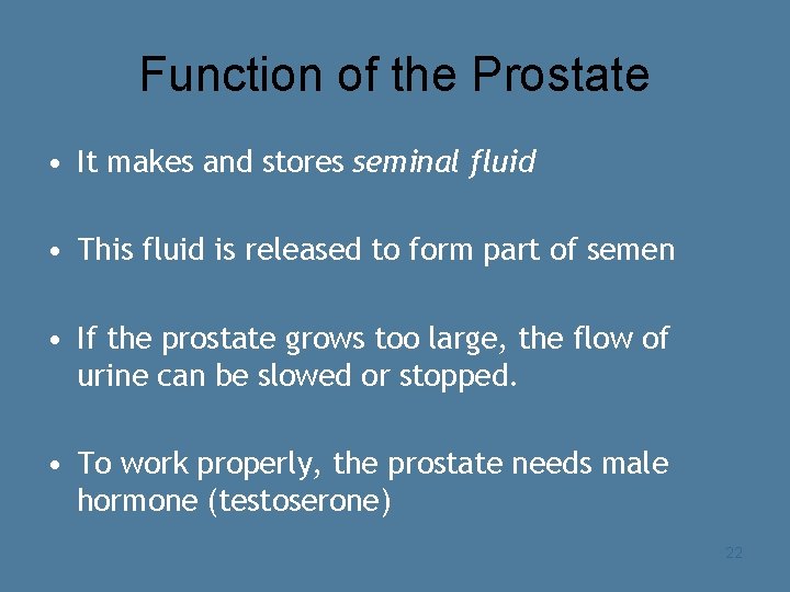 Function of the Prostate • It makes and stores seminal fluid • This fluid