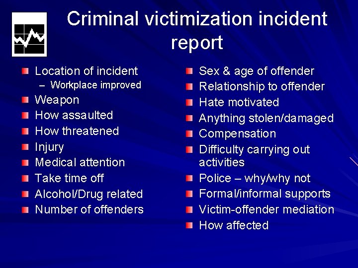 Criminal victimization incident report Location of incident – Workplace improved Weapon How assaulted How