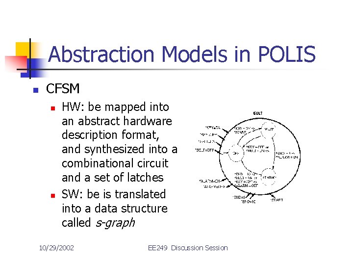 Abstraction Models in POLIS n CFSM n n HW: be mapped into an abstract