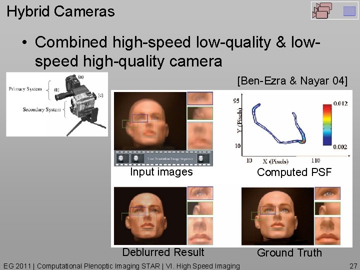 Hybrid Cameras • Combined high-speed low-quality & lowspeed high-quality camera [Ben-Ezra & Nayar 04]
