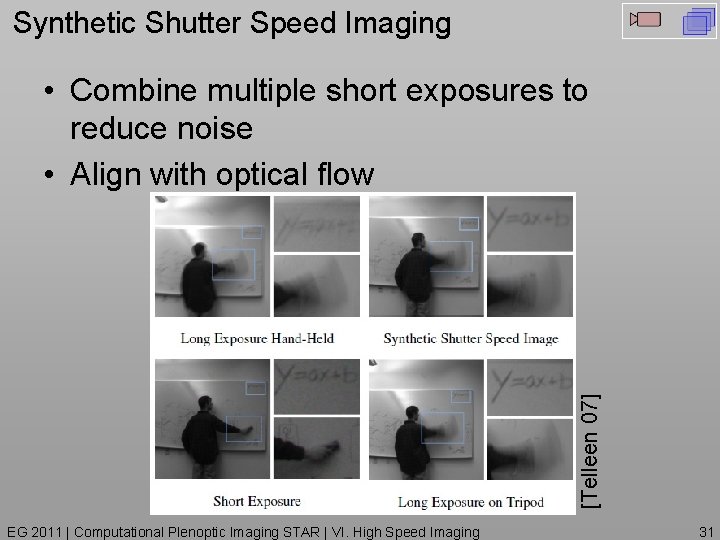 Synthetic Shutter Speed Imaging [Telleen 07] • Combine multiple short exposures to reduce noise