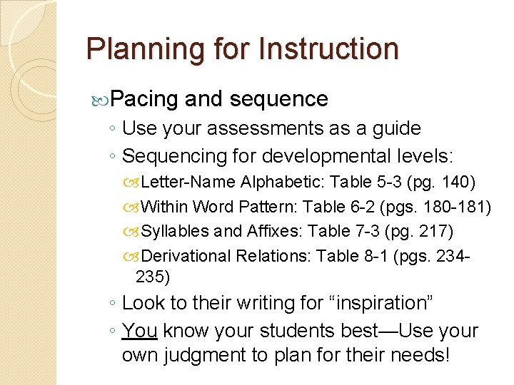 Planning for Instruction Pacing and sequence ◦ Use your assessments as a guide ◦