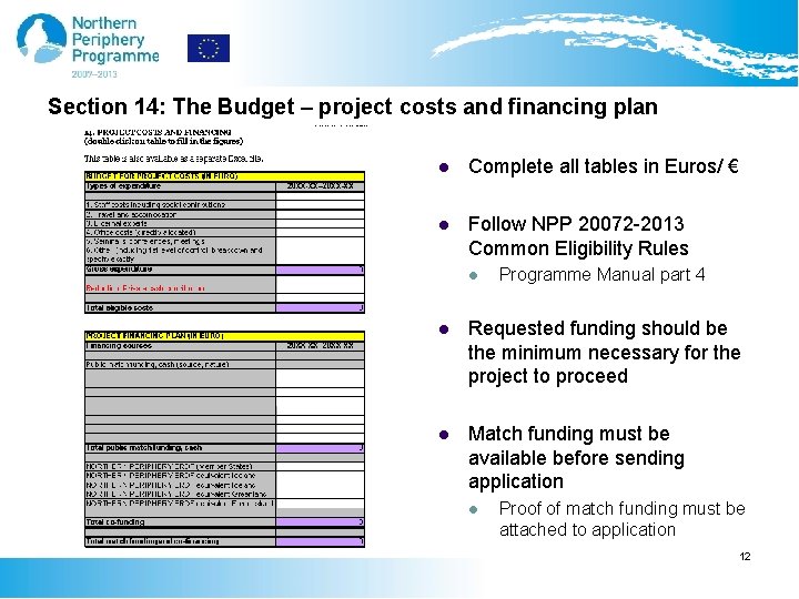 Section 14: The Budget – project costs and financing plan l Complete all tables