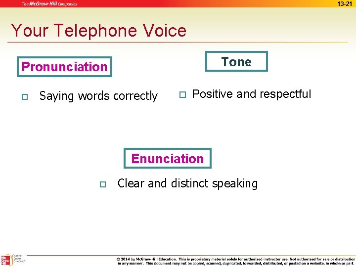 13 -21 Your Telephone Voice Tone Pronunciation o Saying words correctly o Positive and