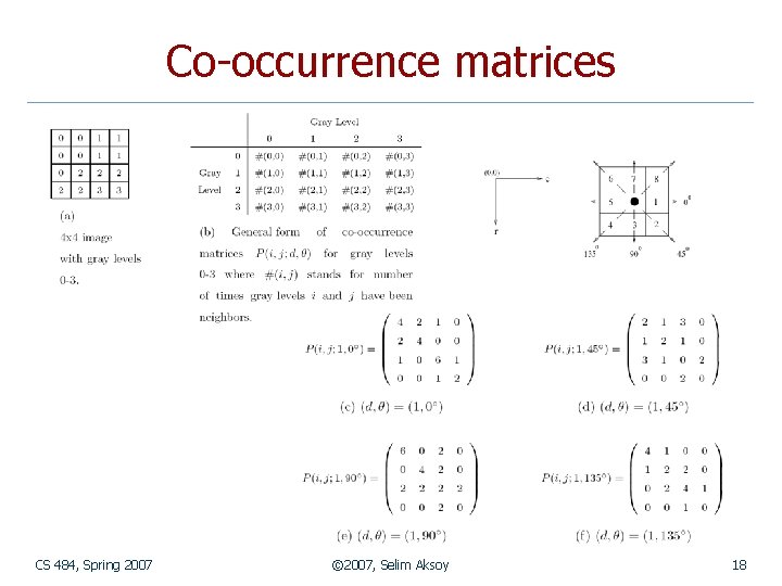 Co-occurrence matrices CS 484, Spring 2007 © 2007, Selim Aksoy 18 