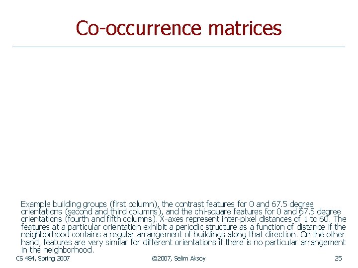 Co-occurrence matrices Example building groups (first column), the contrast features for 0 and 67.