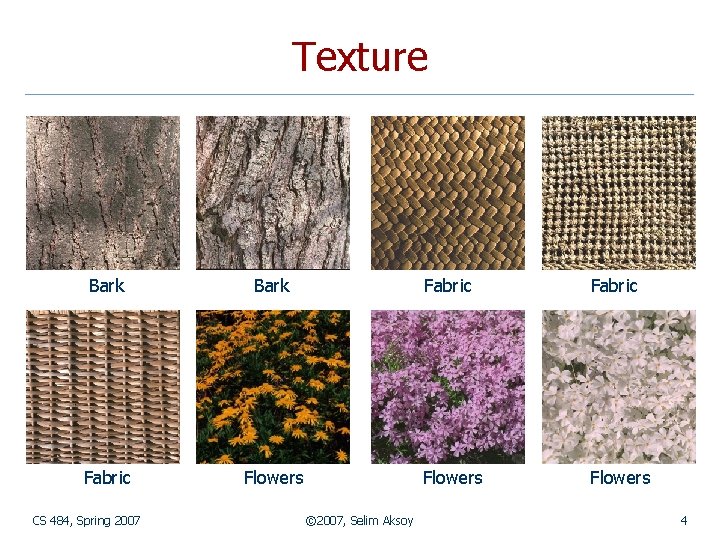 Texture Bark Fabric Flowers CS 484, Spring 2007 © 2007, Selim Aksoy 4 