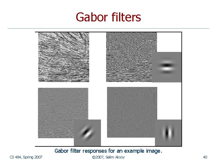 Gabor filters Gabor filter responses for an example image. CS 484, Spring 2007 ©