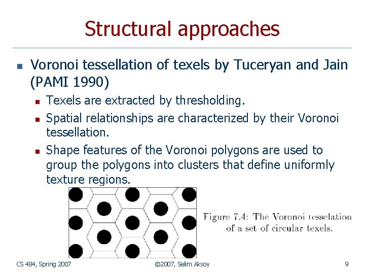 Structural approaches n Voronoi tessellation of texels by Tuceryan and Jain (PAMI 1990) n