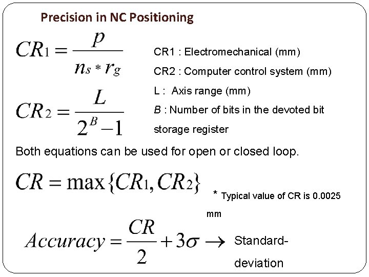 Precision in NC Positioning CR 1 : Electromechanical (mm) CR 2 : Computer control