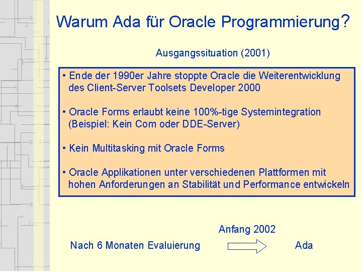 Warum Ada für Oracle Programmierung? Ausgangssituation (2001) • Ende der 1990 er Jahre stoppte