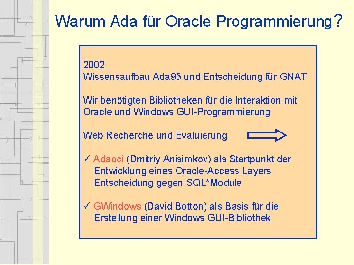 Warum Ada für Oracle Programmierung? 2002 Wissensaufbau Ada 95 und Entscheidung für GNAT Wir