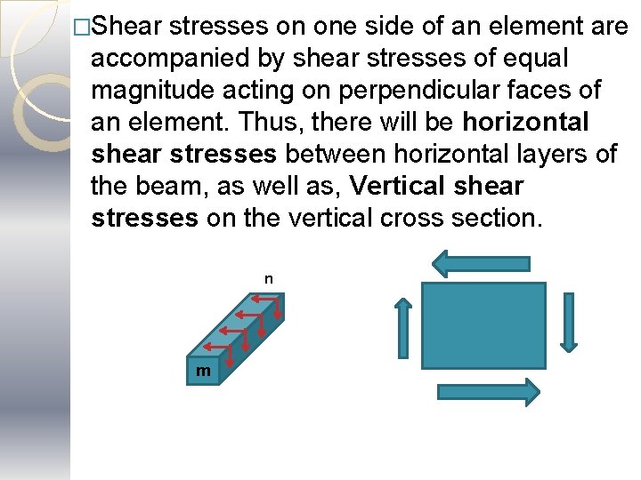 �Shear stresses on one side of an element are accompanied by shear stresses of