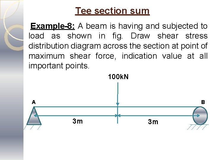 Tee section sum Example-8: A beam is having and subjected to load as shown