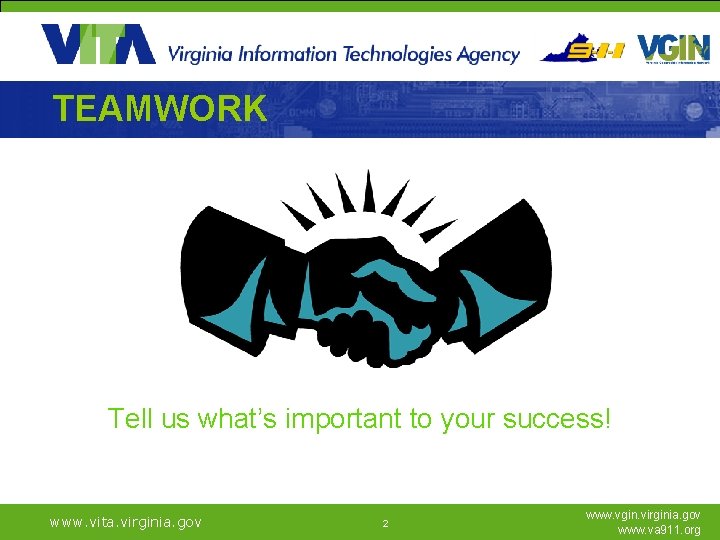 TEAMWORK Tell us what’s important to your success! www. vita. virginia. gov 2 www.