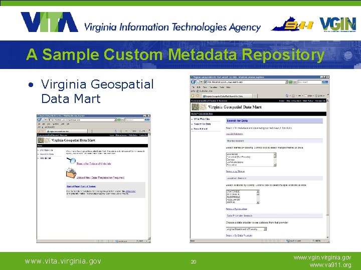 A Sample Custom Metadata Repository • Virginia Geospatial Data Mart www. vita. virginia. gov