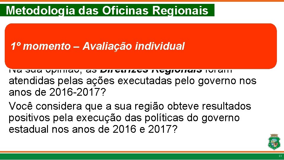 Metodologia das Oficinas Regionais 1º momento – Avaliação individual Perguntas-chave: Na sua opinião, as