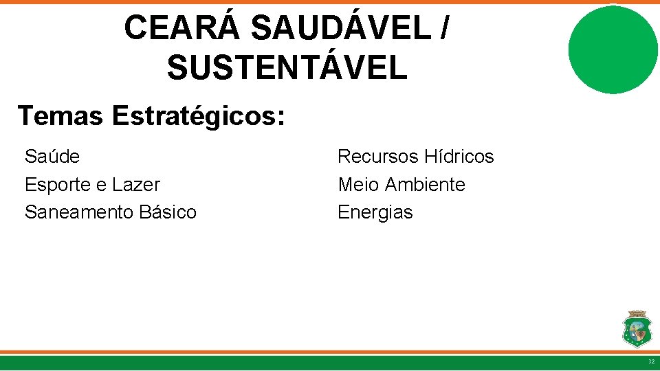 CEARÁ SAUDÁVEL / SUSTENTÁVEL Temas Estratégicos: Saúde Esporte e Lazer Saneamento Básico Recursos Hídricos